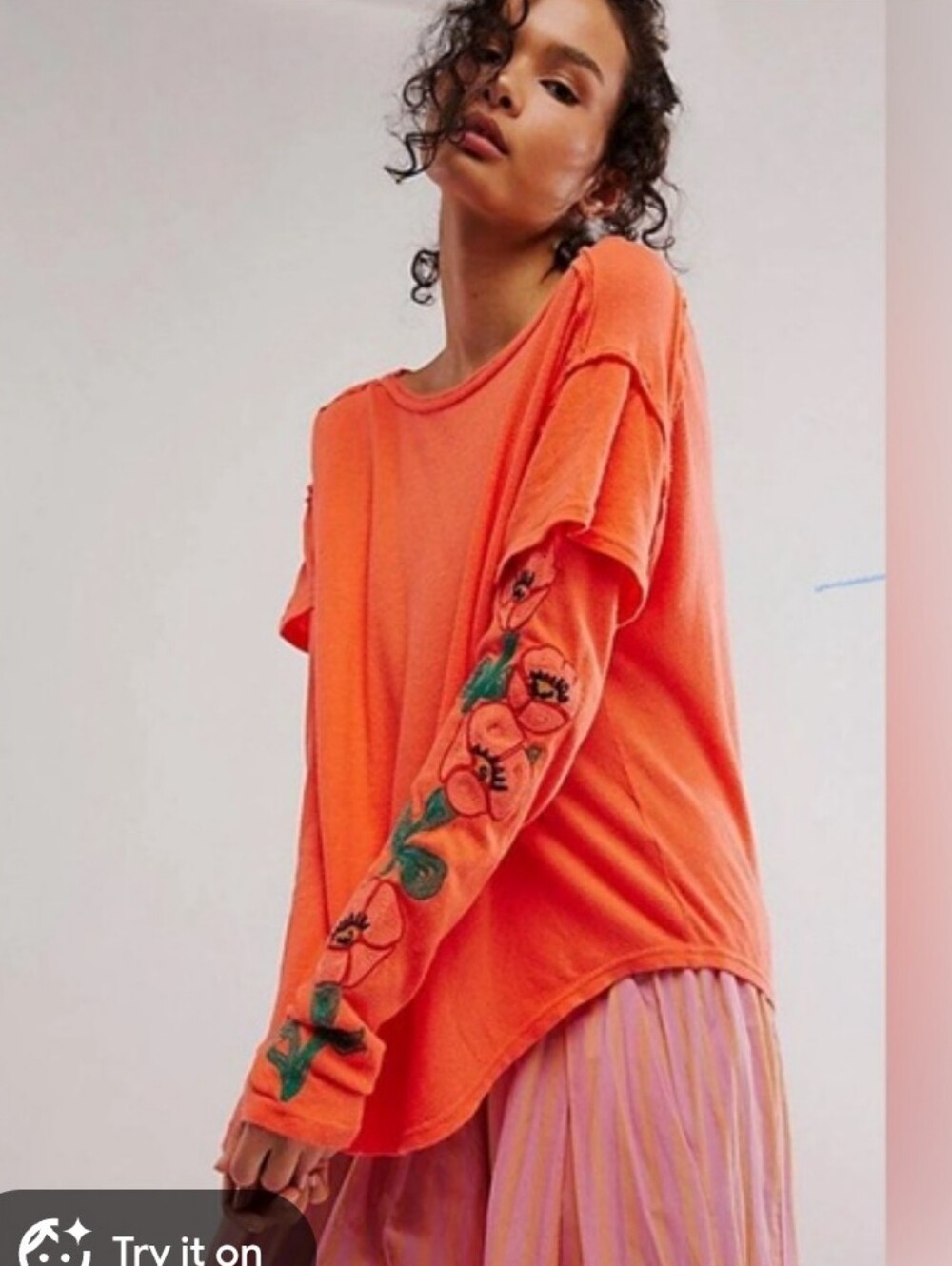 Free People Not Your Poppies Coral Long-Sleeve Boatneck Top